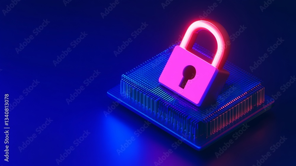 Poster secure digital lock on a microchip with neon glow for technology and cybersecurity backgrounds