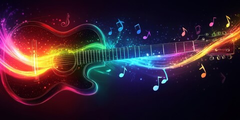 Fototapeta premium Rainbow Acoustic Guitar with Glowing Musical Notes and Vibrant Energy