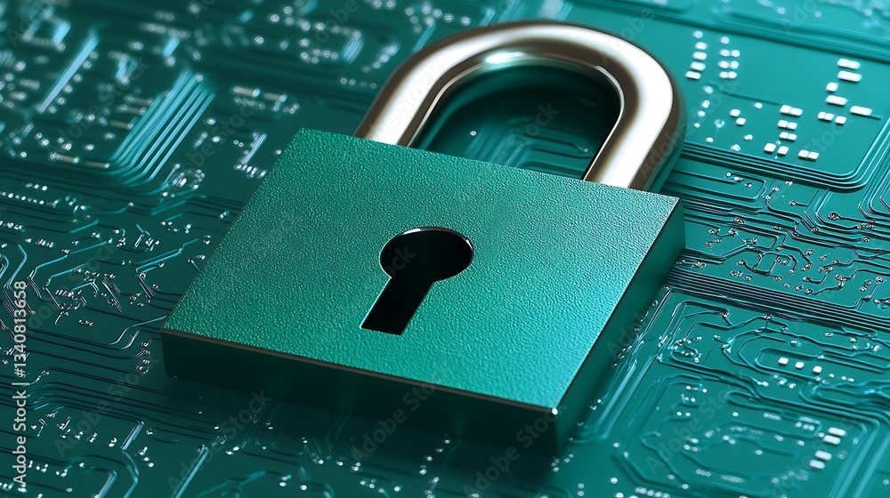 Poster secure lock symbol over circuit board background representing data protection and cybersecurity conc
