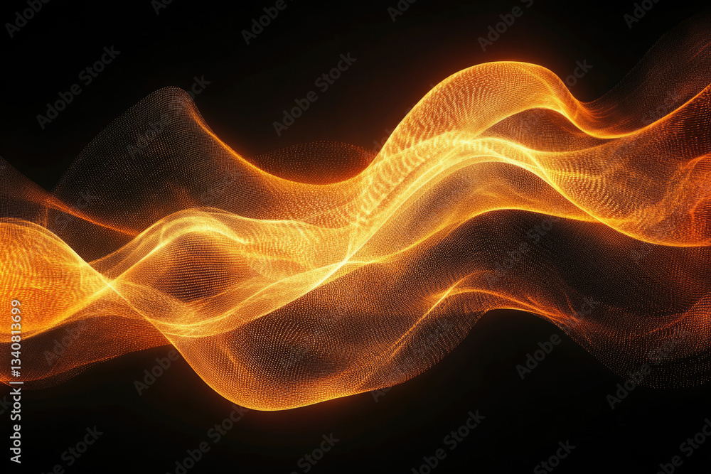 Poster abstract golden wave of particles, flowing smoothly in dark background. dynamic, elegant and luxurio