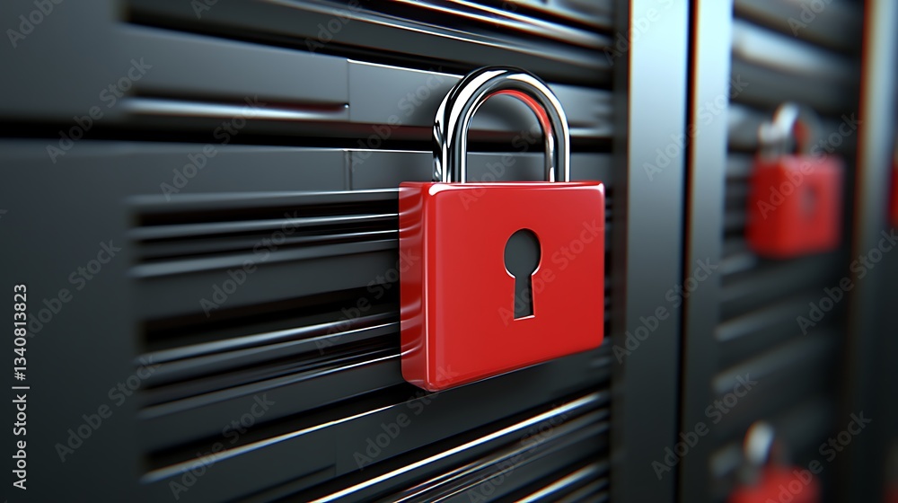 Poster secure red padlock on metallic background representing data protection and cybersecurity conceptuali