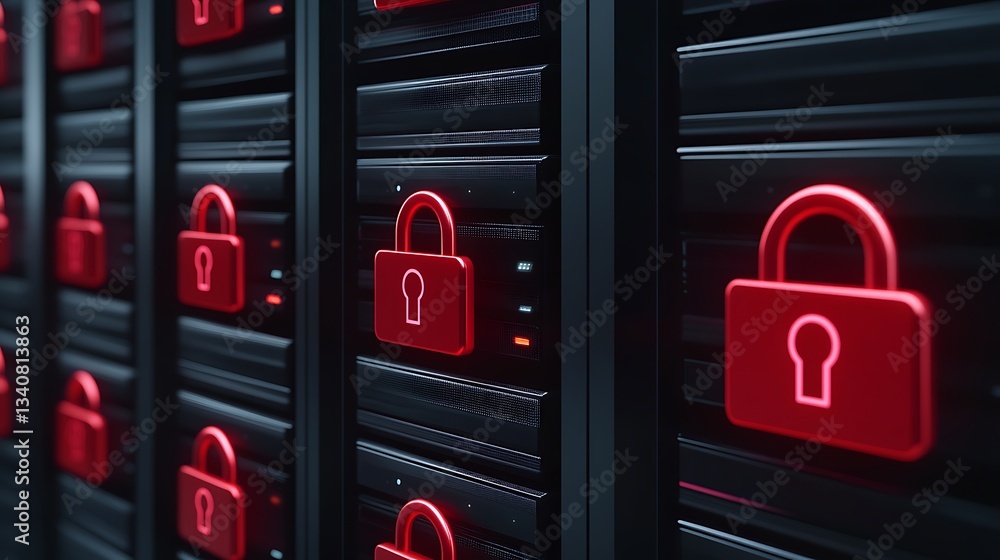Poster secure server rack with red lock icons for data protection and cybersecurity awareness