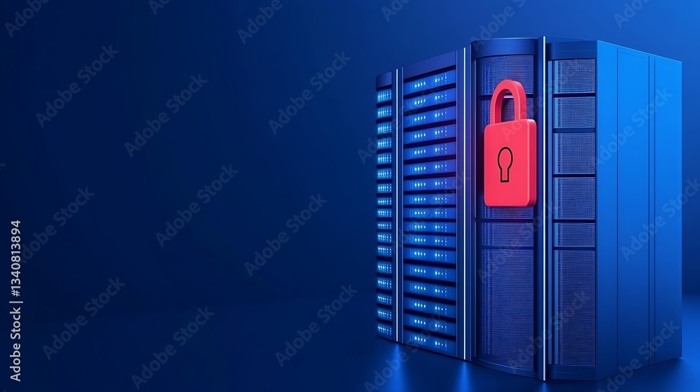 Poster secure server storage with red lock symbol on blue background representing data protection and cyber