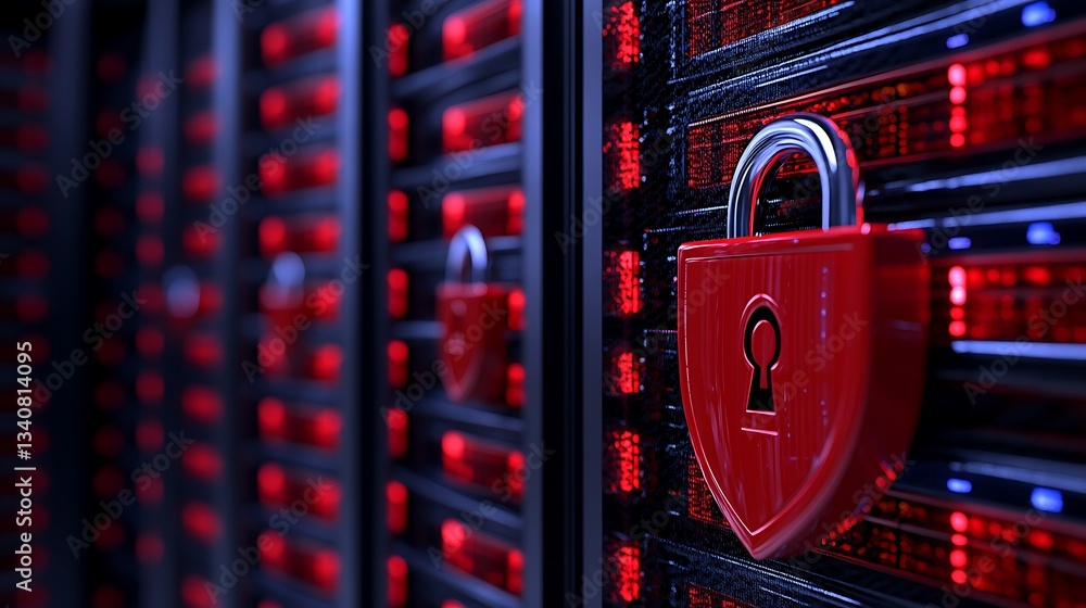 Poster security lock representing data protection in server room with red lighting and digital technology b