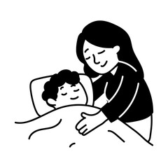 Doodle character illustration depicting mother and kid sleeping 
