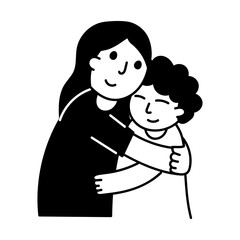 Hand drawn illustration depicting son and mom hug 
