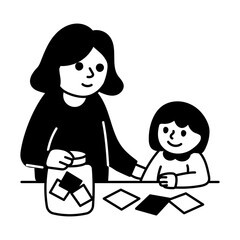 Doodle illustration of a mom and kid adding notes in a wish jar
