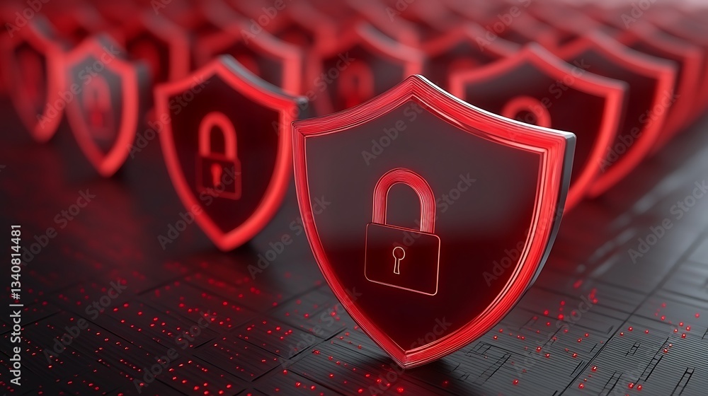 Poster shield icons with lock symbol on digital background representing cybersecurity and data protection c