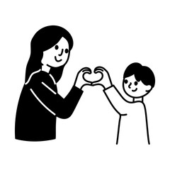 Hand drawn illustration of a son and mom making heart gesture 

