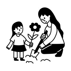 Mom and daughter doing gardening, hand drawn illustration 
