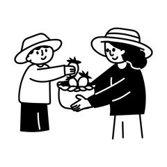 Mom and kid picking strawberries, hand drawn illustration
