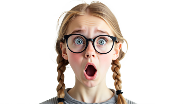 Surprised young blonde woman with blue eyes. Close-up portrait, mouth open in shock. Isolated on transparent background. Ideal for reaction concepts, and emotional themes.