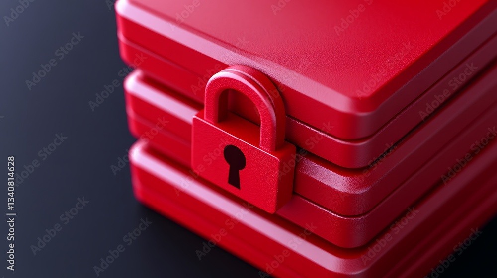 Poster stacked red boxes with a padlock symbolizing security and confidentiality in a modern design setting