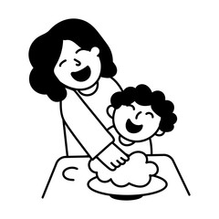 Hand drawn illustration of a mom laughing with her son
