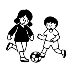 Son playing soccer with mother, hand drawn style illustration 
