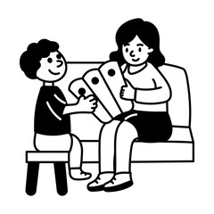 Hand drawn illustration of a son giving mother surprise
