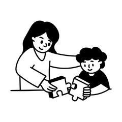 Doodle illustration of a mom and kid playing puzzle game
