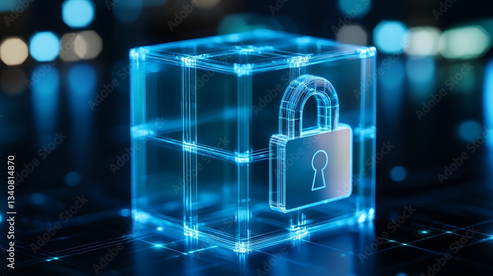 Poster transparent digital cube with a holographic padlock symbolizing cybersecurity and data protection co