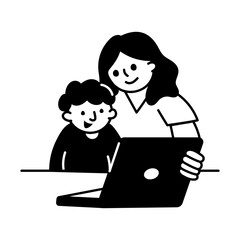 Doodle illustration of mom watching show with son on laptop
