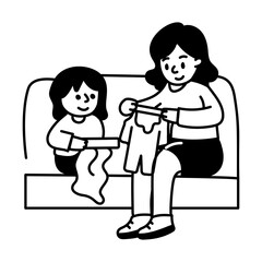 Mom knitting sweater with daughter, hand drawn illustration
