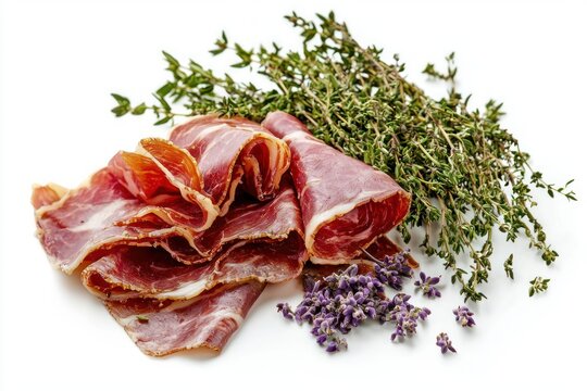 Delicious cured jamon serano with fresh thyme and fragrant lavender on a clean white surface