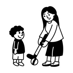 Golfing mom and son depicting motherly love, hand drawn illustration
