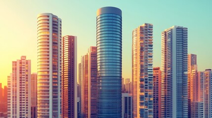 Obraz premium Skyscrapers rise tall against a bright sunset sky backdrop