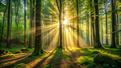 Obraz premium Sunbeams Filtering Through Lush Forest Canopy - Nature Stock Photo
