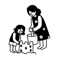Mother and daughter building a sand castle, doodle illustration 
