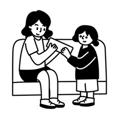 Doodle illustration of daughter wishing mom with card on mothers day
