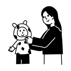 A doodle illustration of mom helping with kid costume
