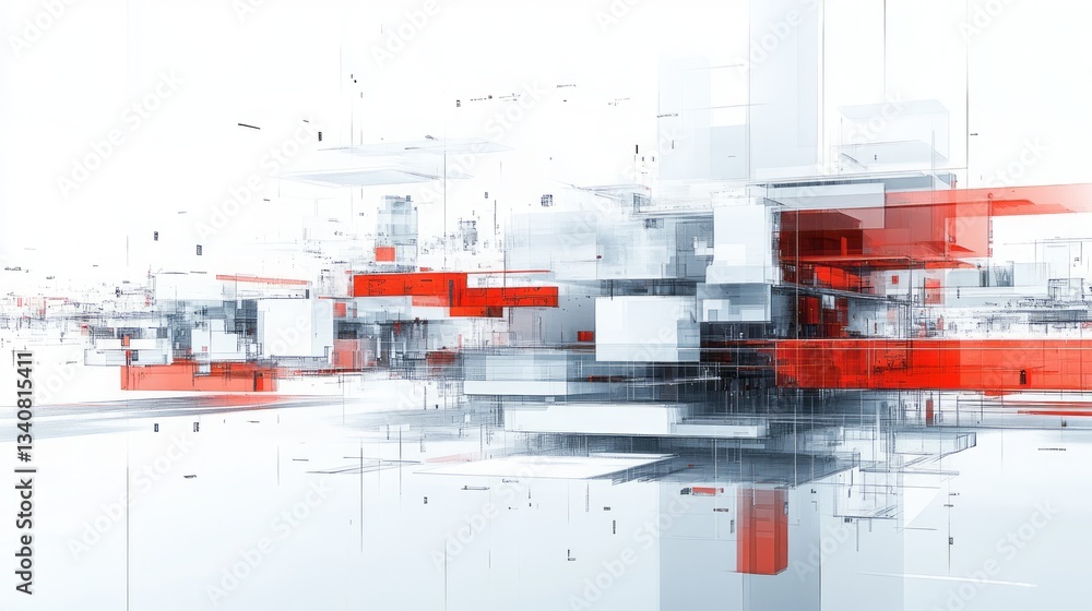 Poster abstract digital art with floating red and white cubes