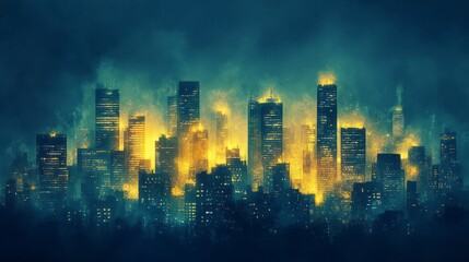 Fototapeta premium Cityscape rendered in hues of blue and golden light