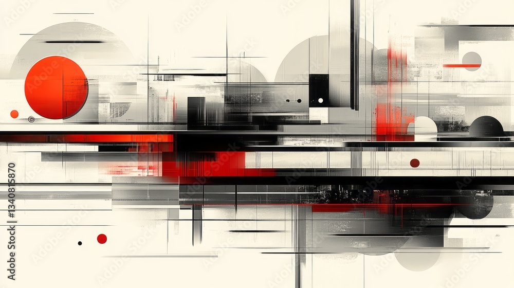 Poster abstract composition with circles lines and rectangles in red black
