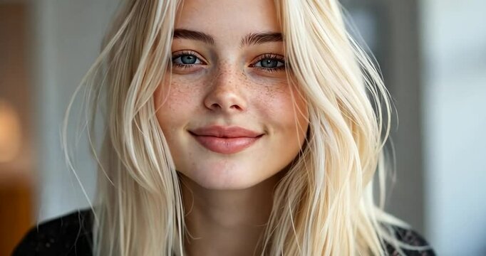 Close up of a young woman with blonde hair and blue eyes smiling at the camera. Soft lighting, blurred background creates a natural studio portrait feel