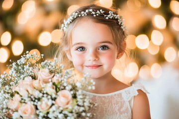 Fototapeta premium A nighttime wedding reception with fairy lights glowing in the background as a girl proudly shows off the bouquet she caught