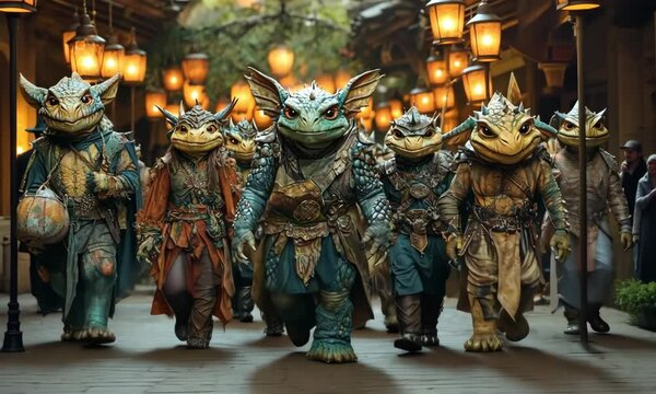 Group Of Fantasy Creatures In Elaborate Costumes Processional Through A Lit Street At Night