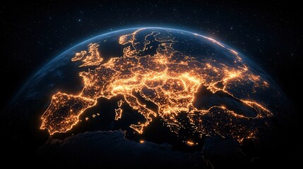 Stunning Night View of Europe from Space Illuminated by City Lights and Stars Above the Earth