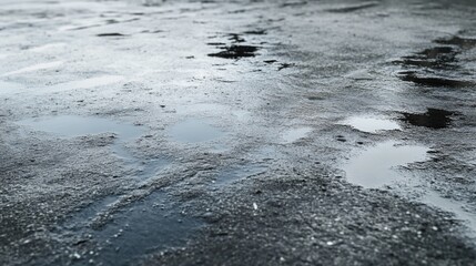 Wet pavement surface showing reflections from accumulated rainwater puddles