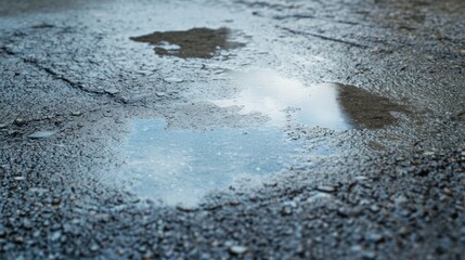 Reflections and puddles covering textured asphalt surfaces after rainfall
