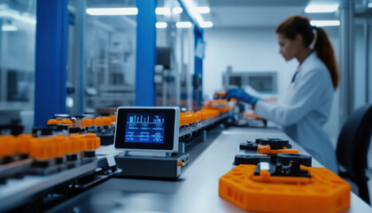 Engineers in a laboratory setting analyze data on screens while conducting tests on equipment and components