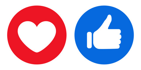 Social media like and love icons. Thumbs up and heart symbols in blue and red circles. Positive feedback, approval, appreciation, rating, favorite, support, vote, reaction, engagement, internet, web