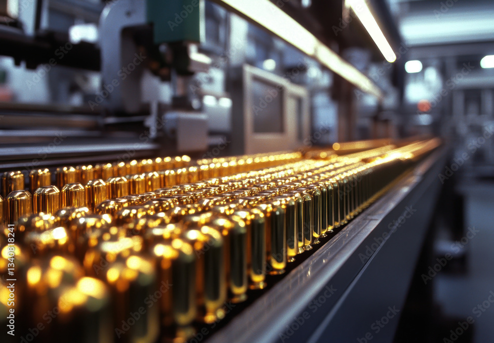 Aufkleber manufacturing equipment displays rows of shiny metallic components in a factory setting during the d
