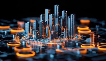 futuristic cityscape with glowing skyscrapers and digital data overlays, representing advanced technology and urban development. vibrant orange highlights create dynamic atmosphere, showcasing