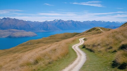 Scenic mountain path in new zealand with clear blue skies and majestic lake views
