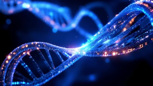  glowing strand of DNA made from floating numbers and circuits twists and transforms symbolizing the fusion of biology and technology. Abstract slow animated color gradients background