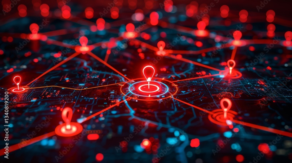 Poster network security breaches and malware threats highlighted in red markers across a digital map visual
