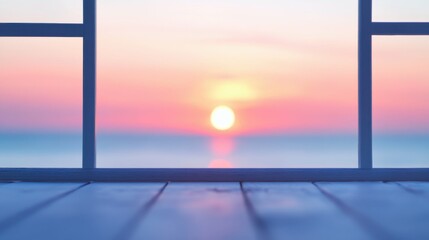 Fototapeta premium Serene ocean sunset viewed from a wooden deck with calm waters and colorful sky