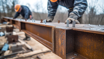 Construction workers focus on assembling steel beams with bolts at a building site, showcasing teamwork and precision