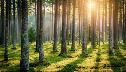 pine forest landscape tree trunks with background light